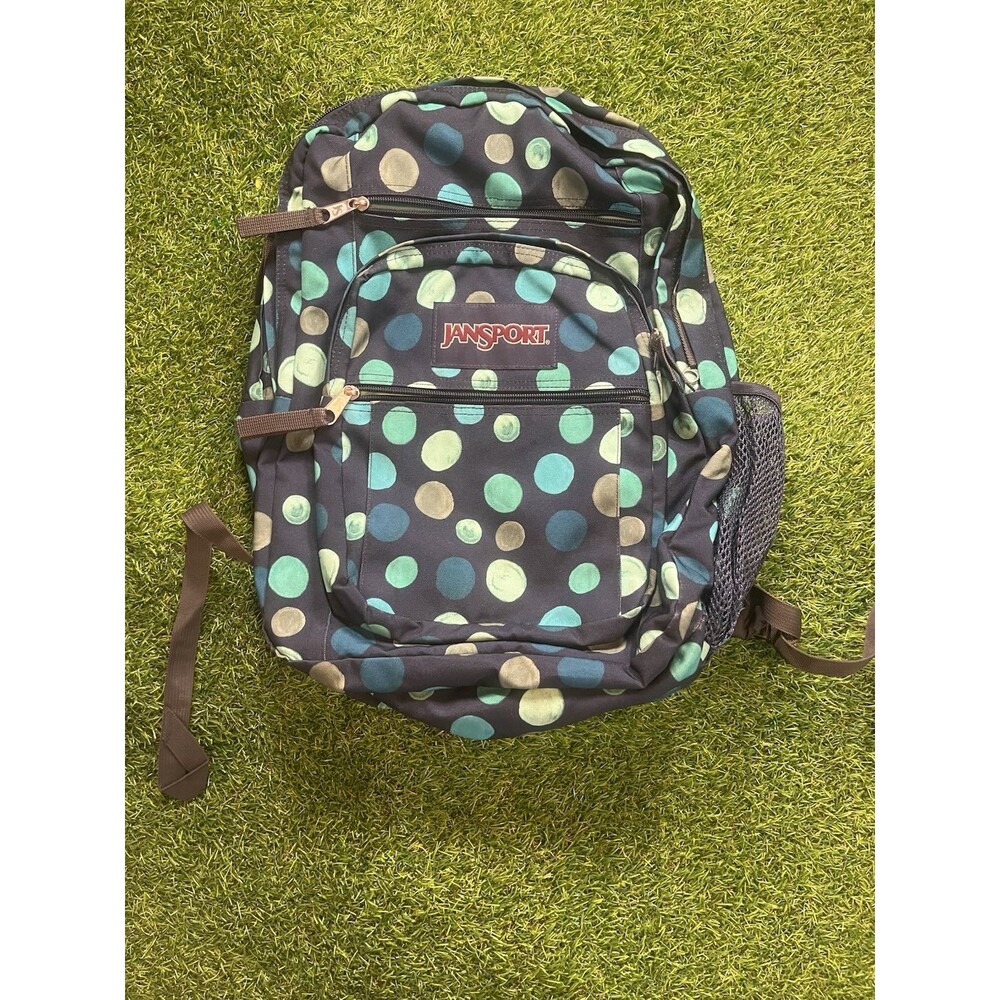 Jansport Big Student Backpack Navy Blue Teal Polka Dot Bookbag School Laptop Bag